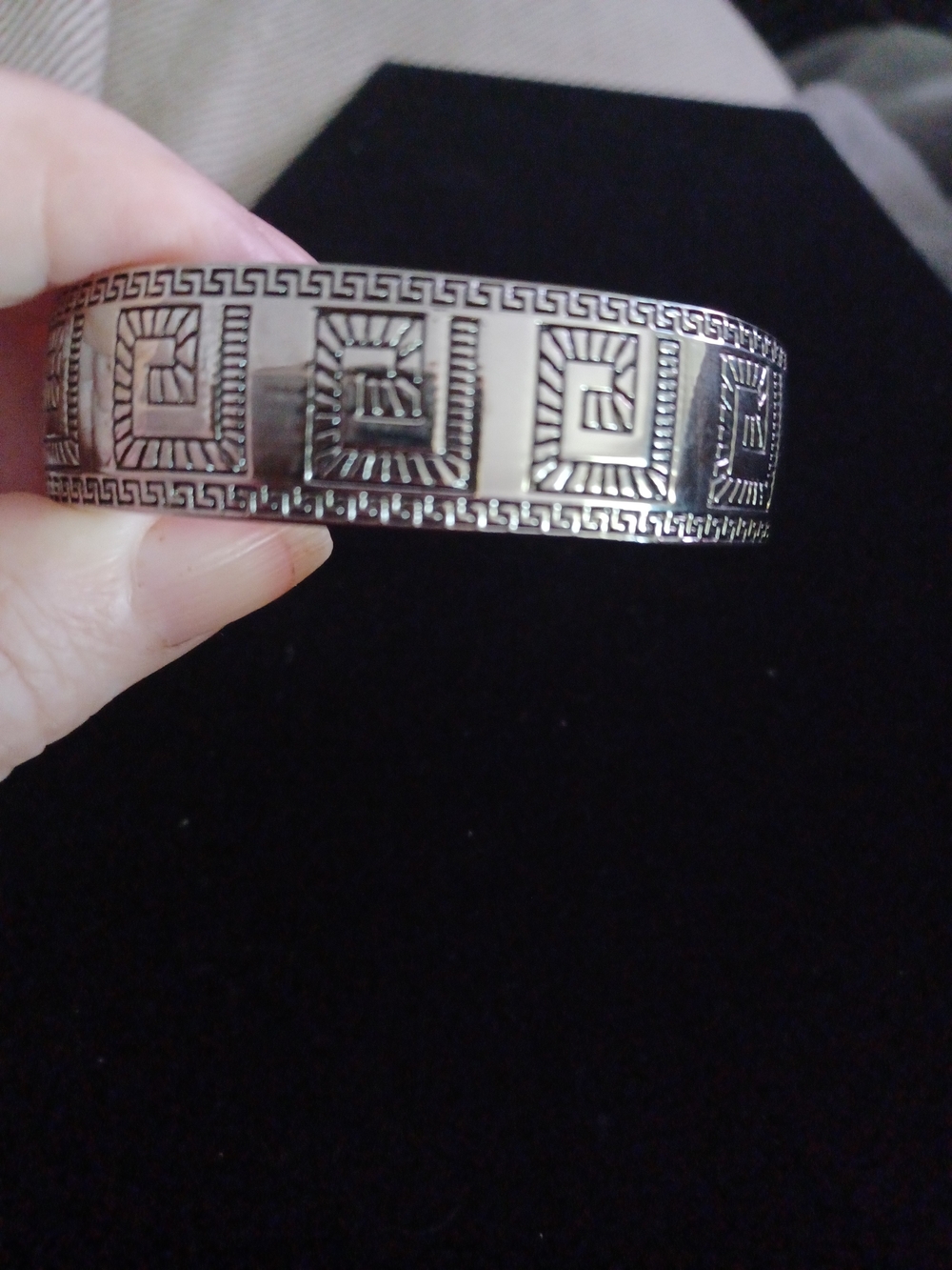 Silver-Tone Greek Key Engraved Clamper Cuff Bracelet 7"